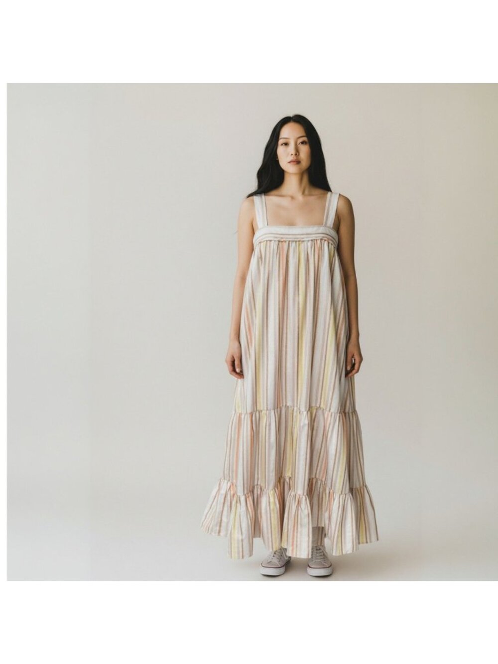 Lemlem Retta Sweepy Sundress Medium Cream Metallic Stripe Tiered Maxie NWT New